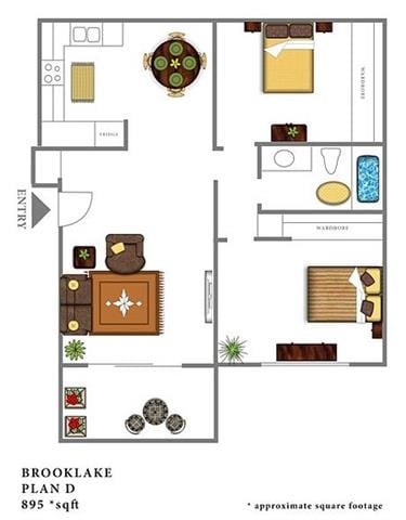 Floor plan for 2 beds, 1 bath, 895 sqft